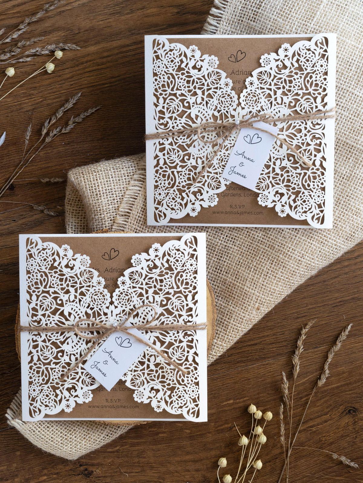 Rustic Laser Cut Wedding Invitations, Boho Cards with Tag & Jute String