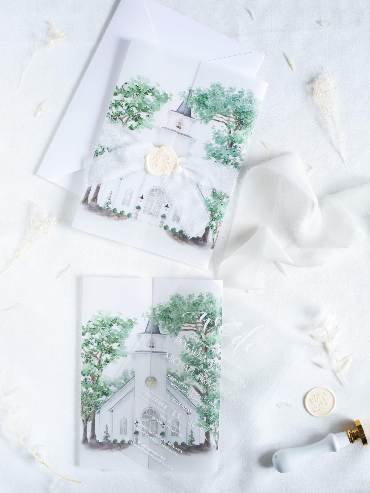 Watercolour Venue Wedding Invitation Suite, Acrylic & Vellum with Wax Seal and Dried Flowers