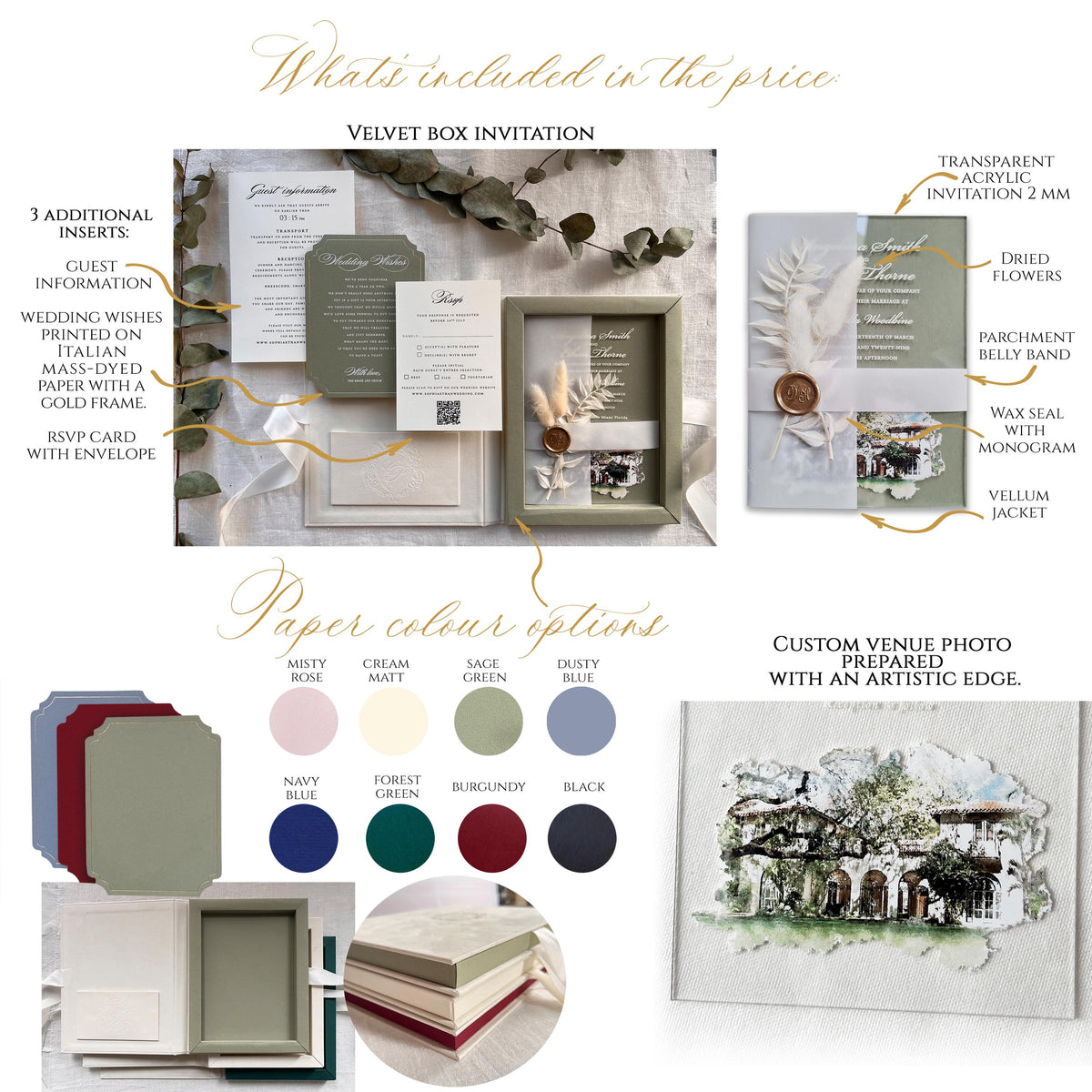 Velvet Wedding Box Suite with Acrylic Invite & Watercolour Venue | Villa Woodbine