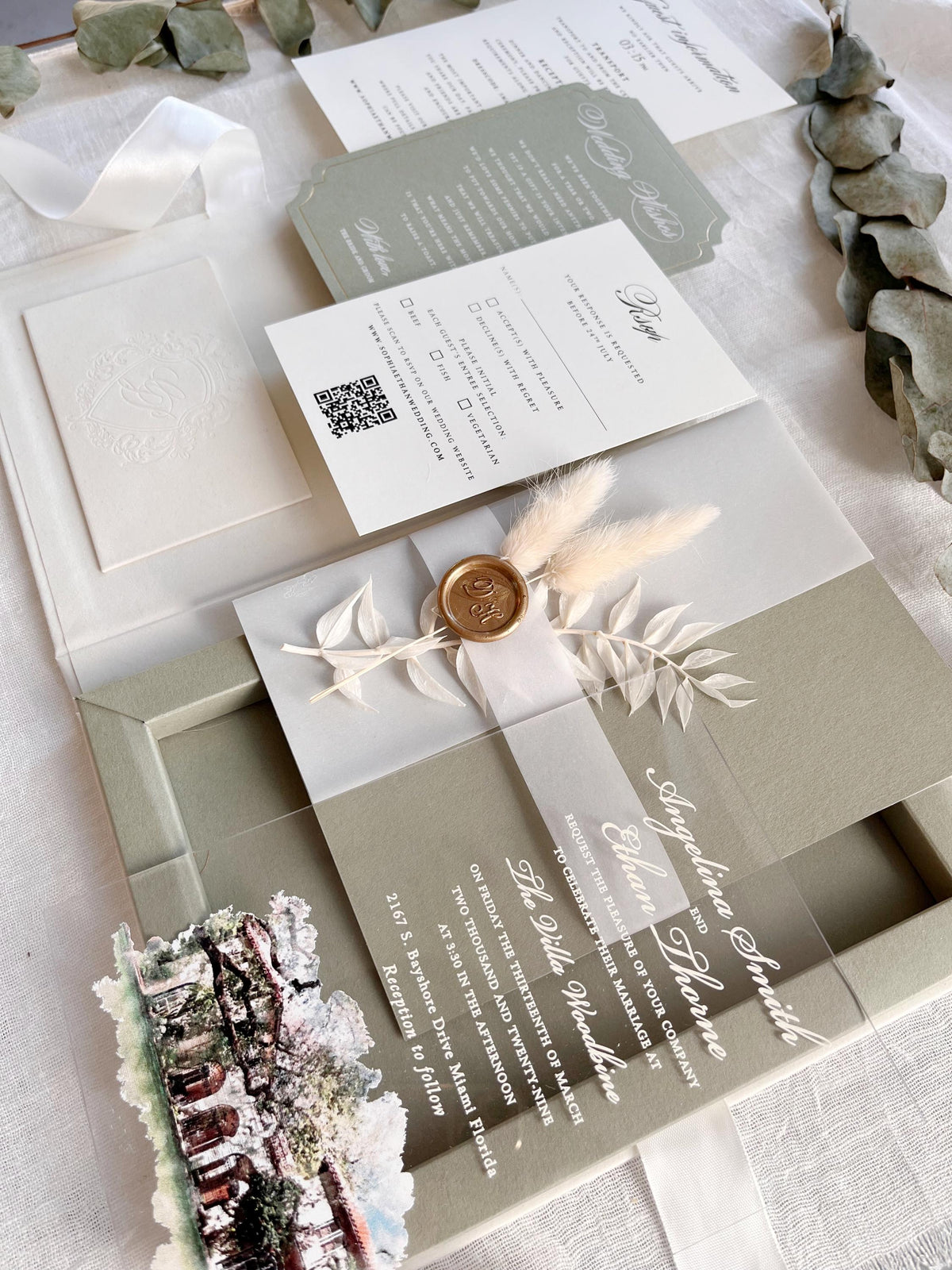 Velvet Wedding Box Suite with Acrylic Invite & Watercolour Venue | Villa Woodbine
