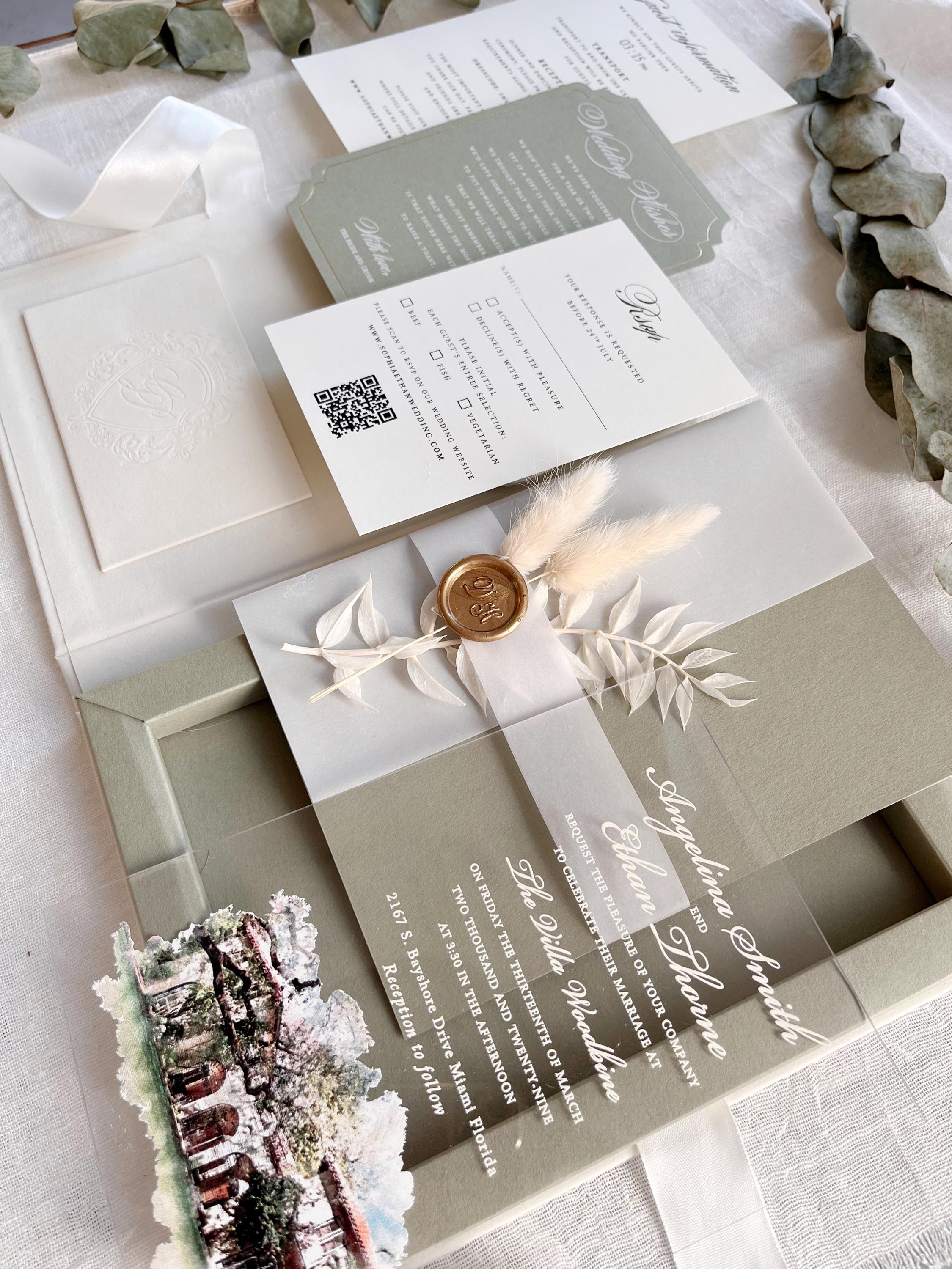 Velvet Wedding Box Suite with Acrylic Invite & Watercolour Venue | Villa Woodbine