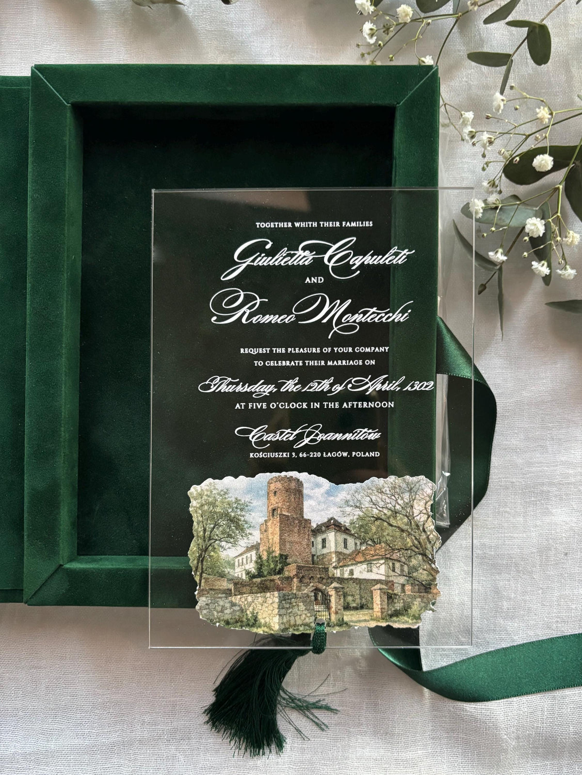 Emerald Velvet Invitation Box, Acrylic Invite with Custom Watercolour Venue | Joannite Castle
