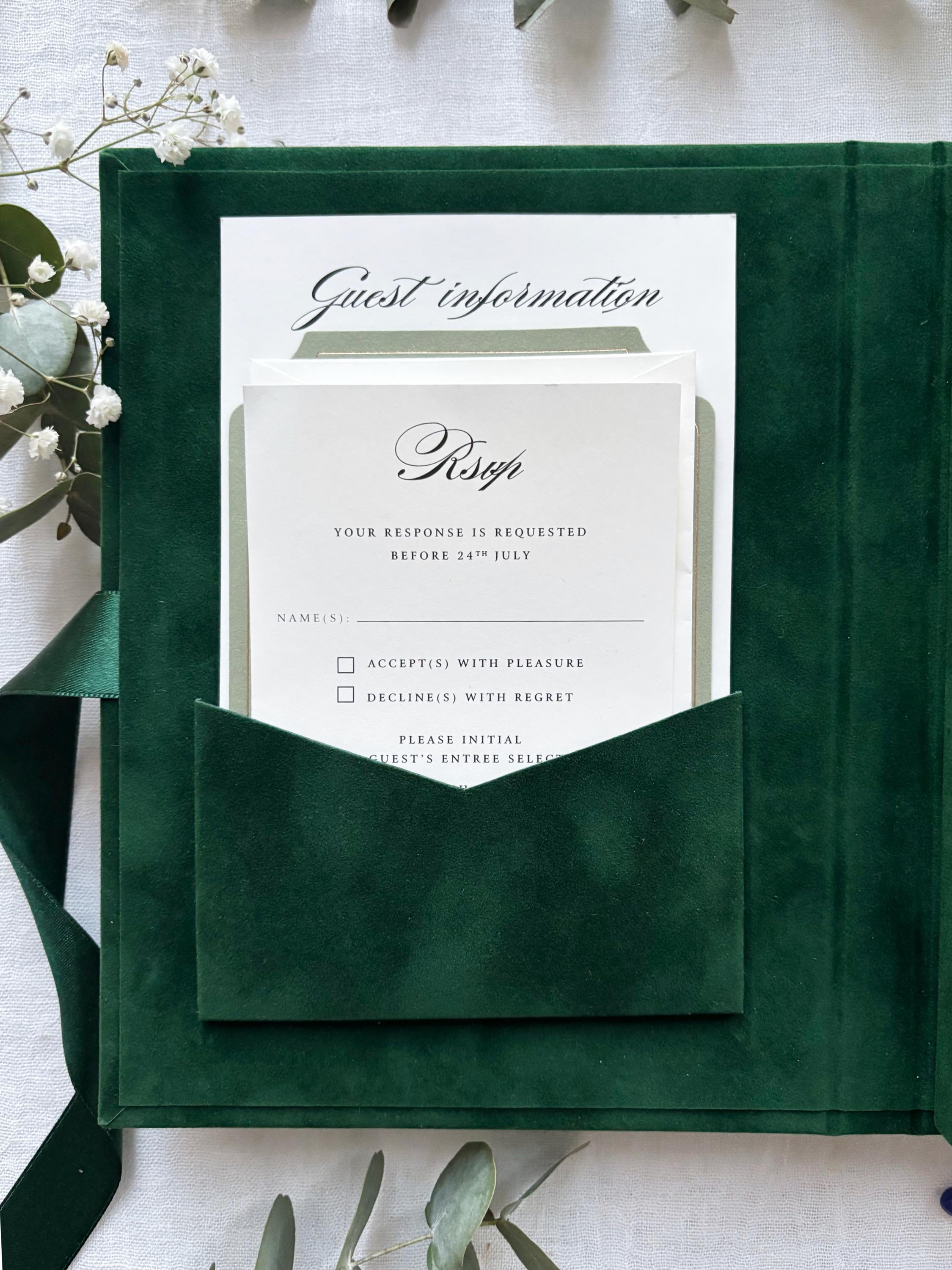 Emerald Velvet Invitation Box, Acrylic Invite with Custom Watercolour Venue | Joannite Castle
