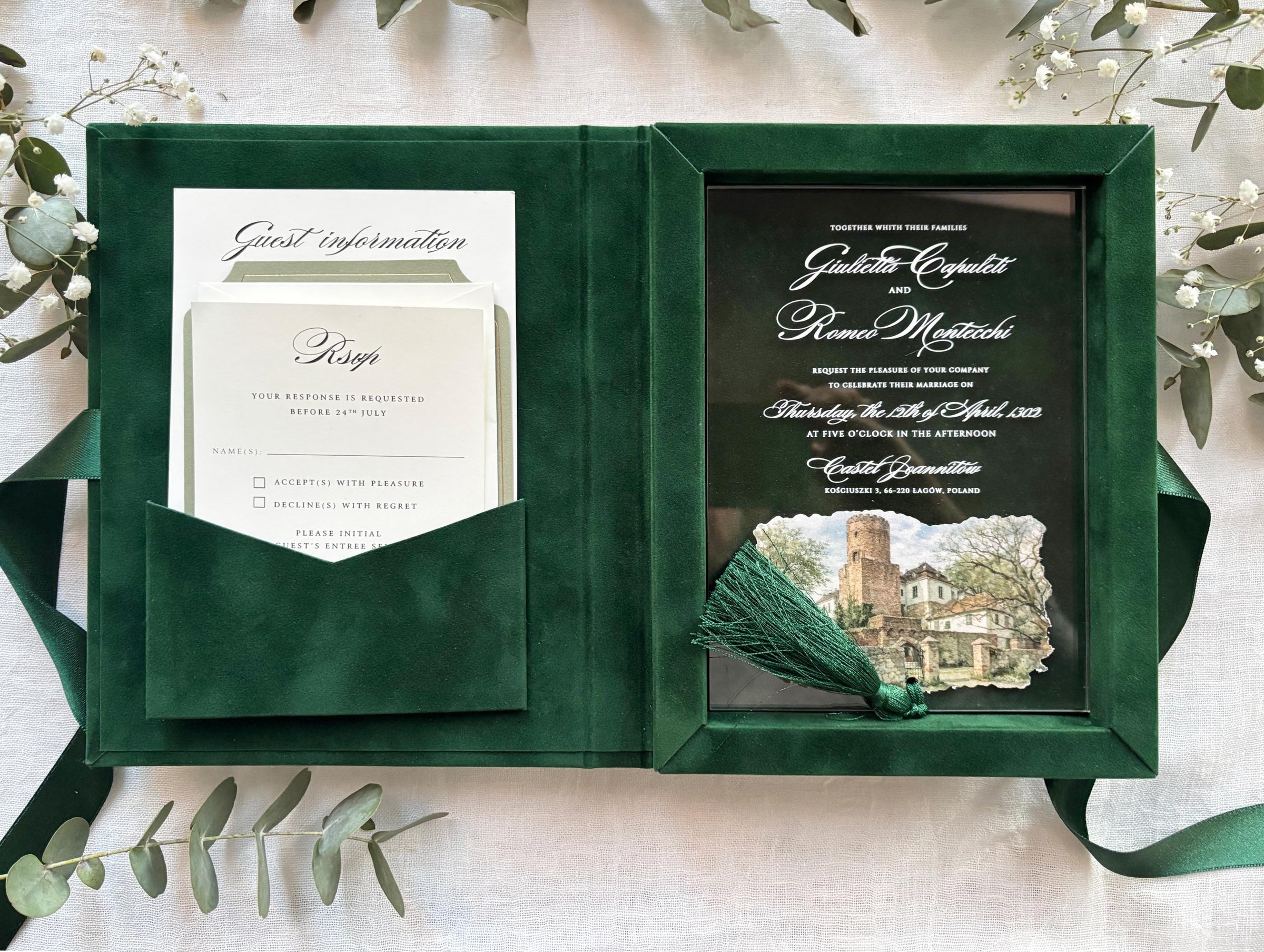 Emerald Velvet Invitation Box, Acrylic Invite with Custom Watercolour Venue | Joannite Castle