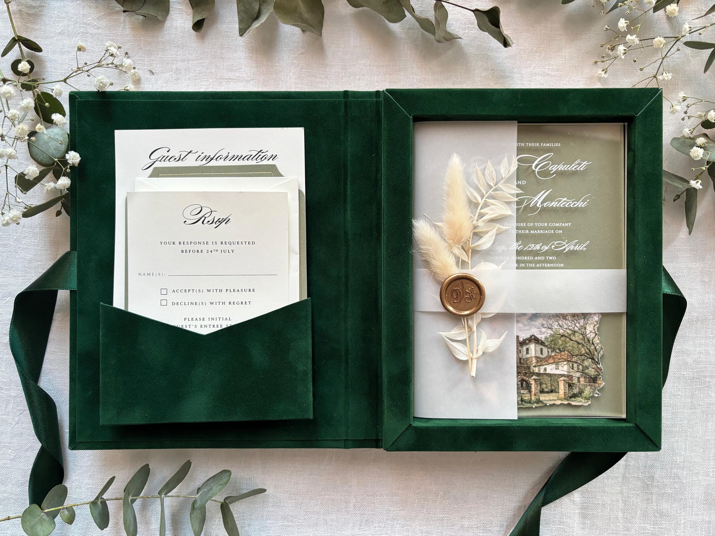 Luxury Invitation Suite with Watercolour Venue & Emerlad Velvet Box