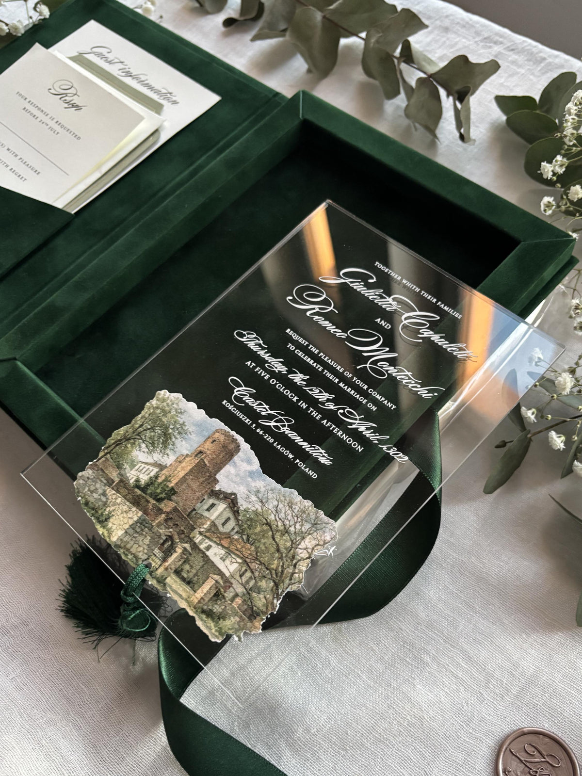 Emerald Velvet Invitation Box, Acrylic Invite with Custom Watercolour Venue | Joannite Castle