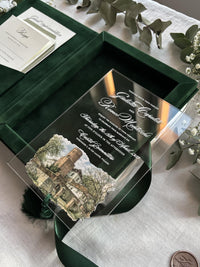 Emerald Velvet Invitation Box, Acrylic Invite with Custom Watercolour Venue | Joannite Castle