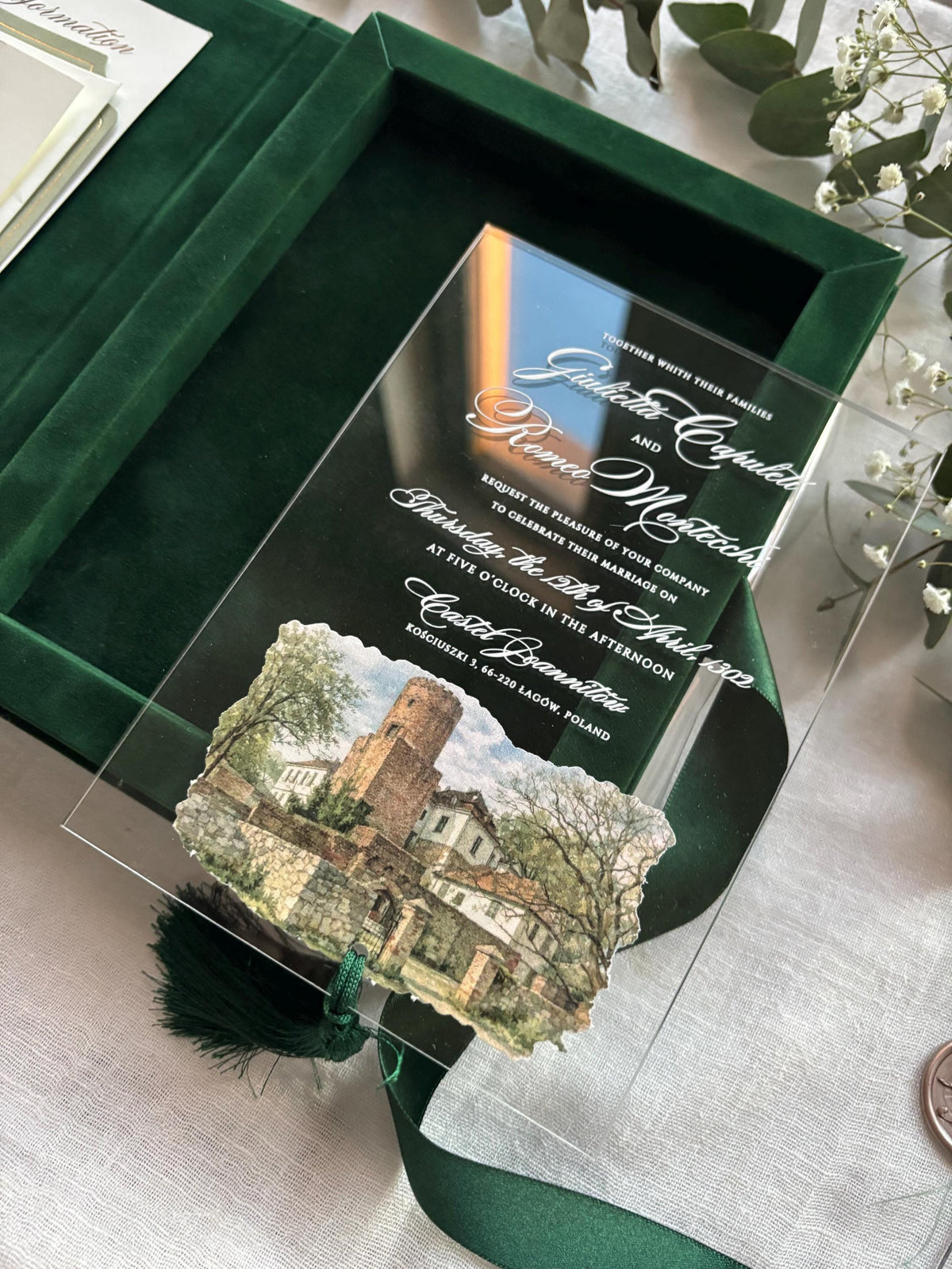 Emerald Velvet Invitation Box, Acrylic Invite with Custom Watercolour Venue | Joannite Castle