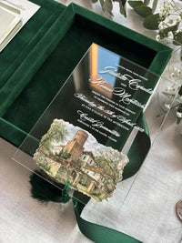 Emerald Velvet Invitation Box, Acrylic Invite with Custom Watercolour Venue | Joannite Castle