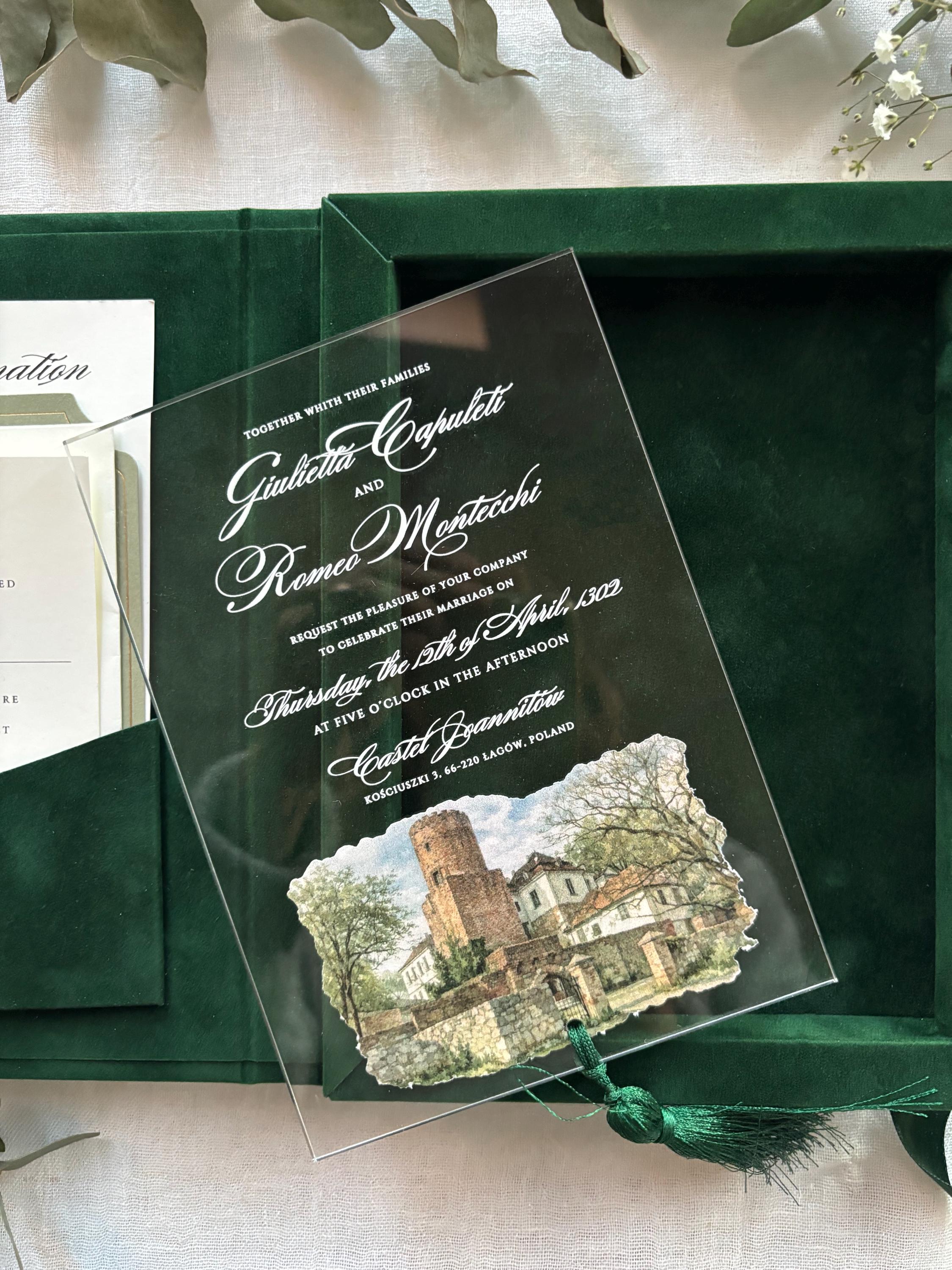 Emerald Velvet Invitation Box, Acrylic Invite with Custom Watercolour Venue | Joannite Castle