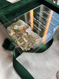Emerald Velvet Invitation Box, Acrylic Invite with Custom Watercolour Venue | Joannite Castle