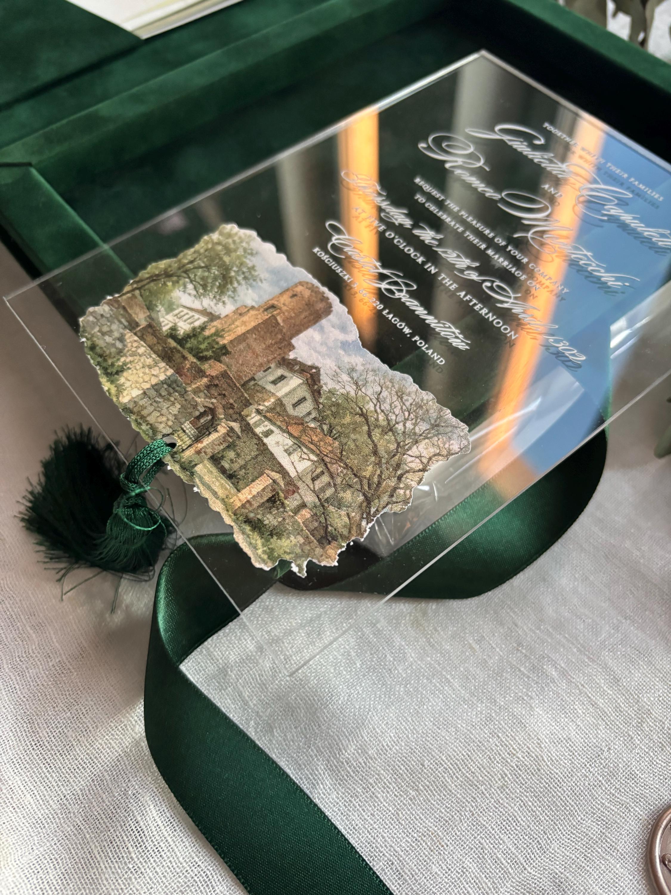 Emerald Velvet Invitation Box, Acrylic Invite with Custom Watercolour Venue | Joannite Castle