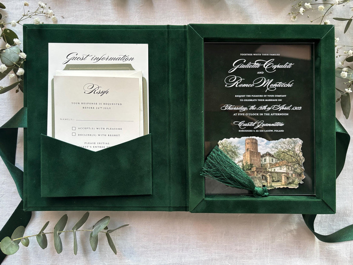 Emerald Velvet Invitation Box, Acrylic Invite with Custom Watercolour Venue | Joannite Castle
