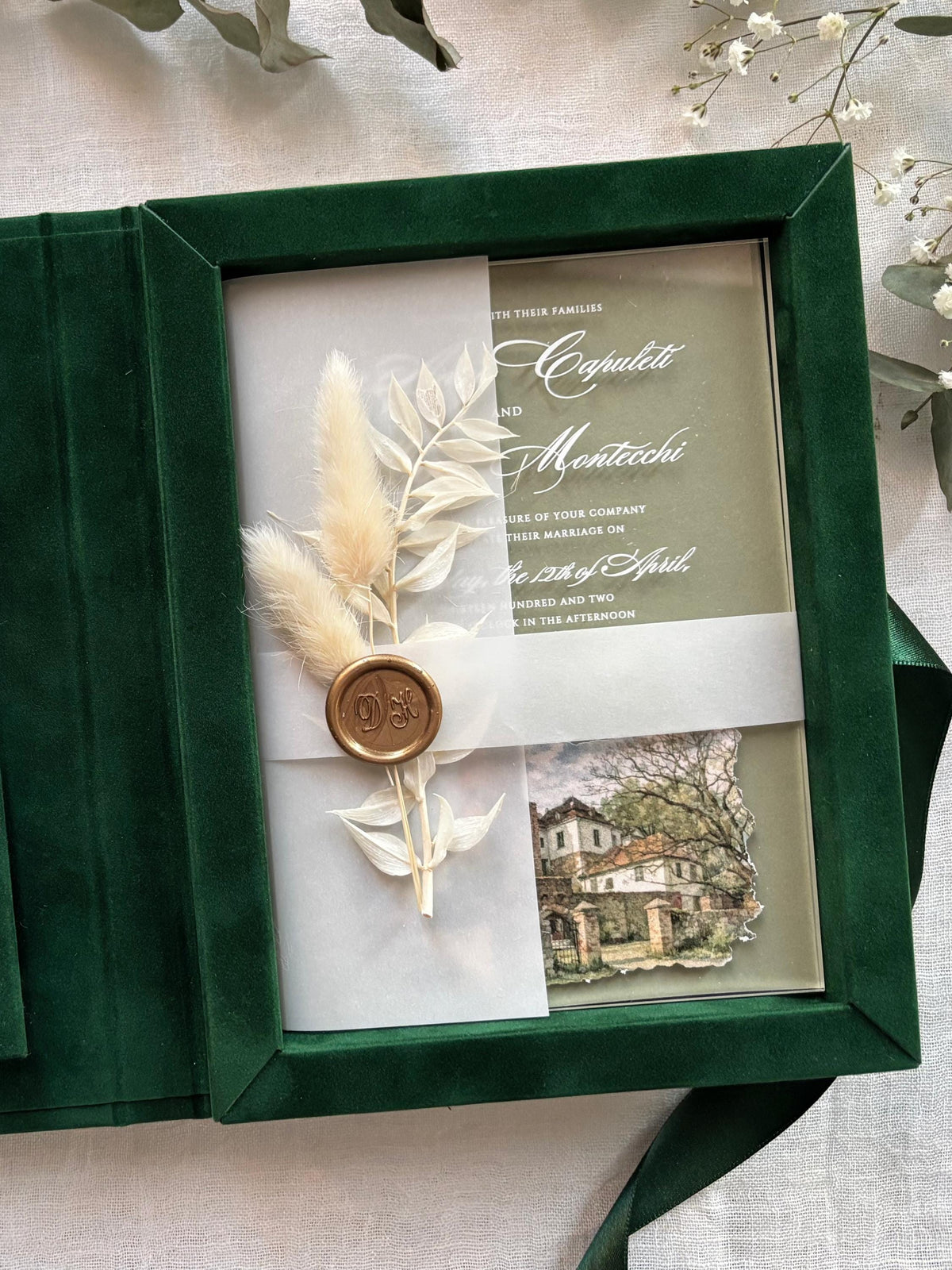Luxury Invitation Suite with Watercolour Venue & Emerlad Velvet Box