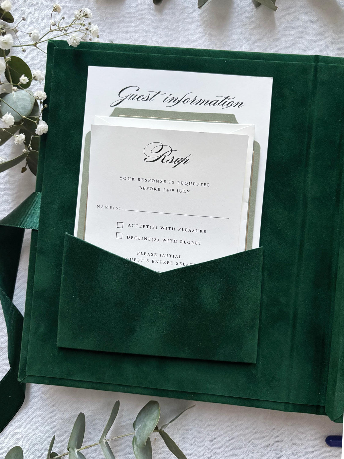 Luxury Invitation Suite with Watercolour Venue & Emerlad Velvet Box