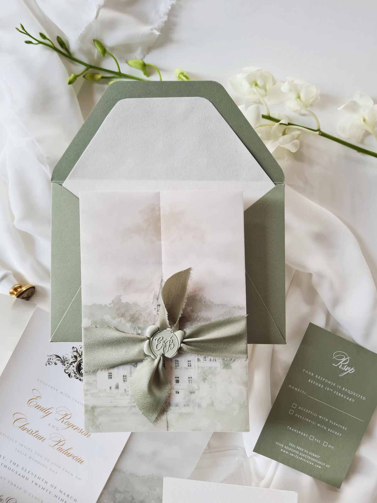 Vellum Wedding Invitation with Watercolour Venue Illustration, Wax Seal, Sage Green Ribbon & Deckled Edges