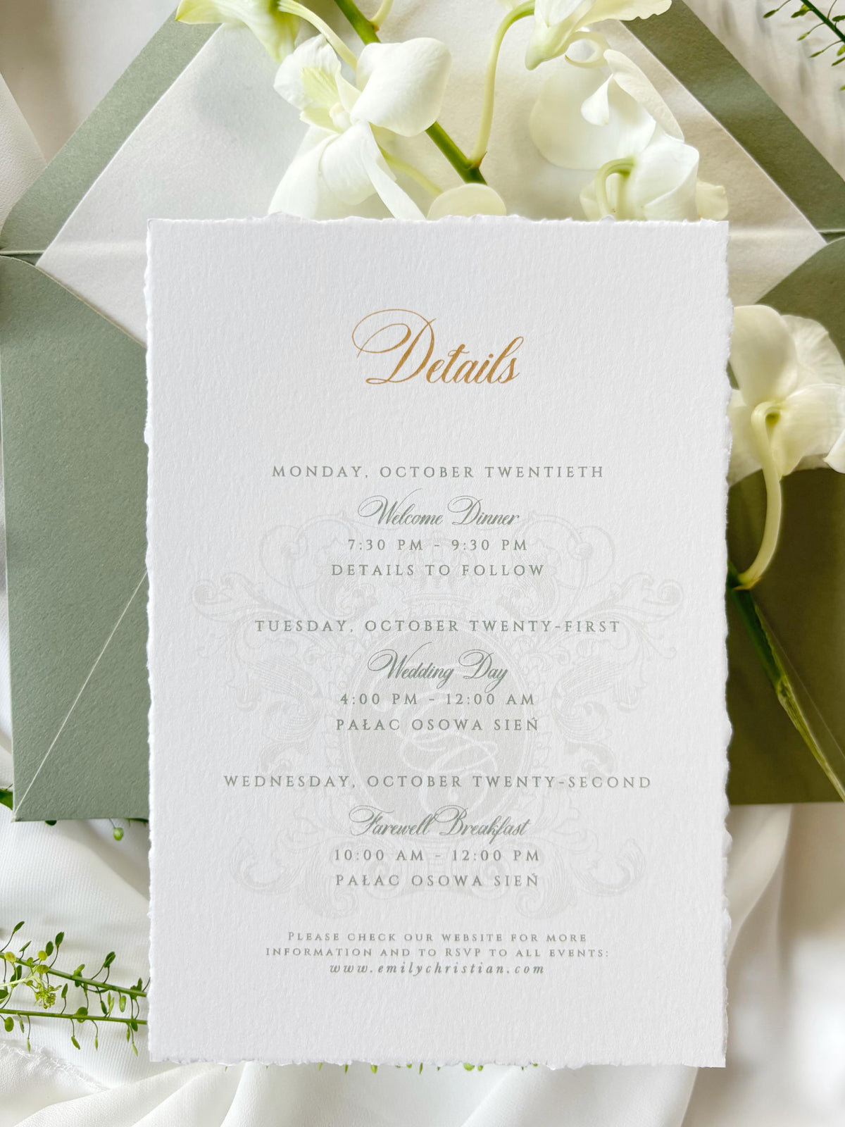 Vellum Wedding Invitation with Watercolour Venue Illustration, Wax Seal, Sage Green Ribbon & Deckled Edges