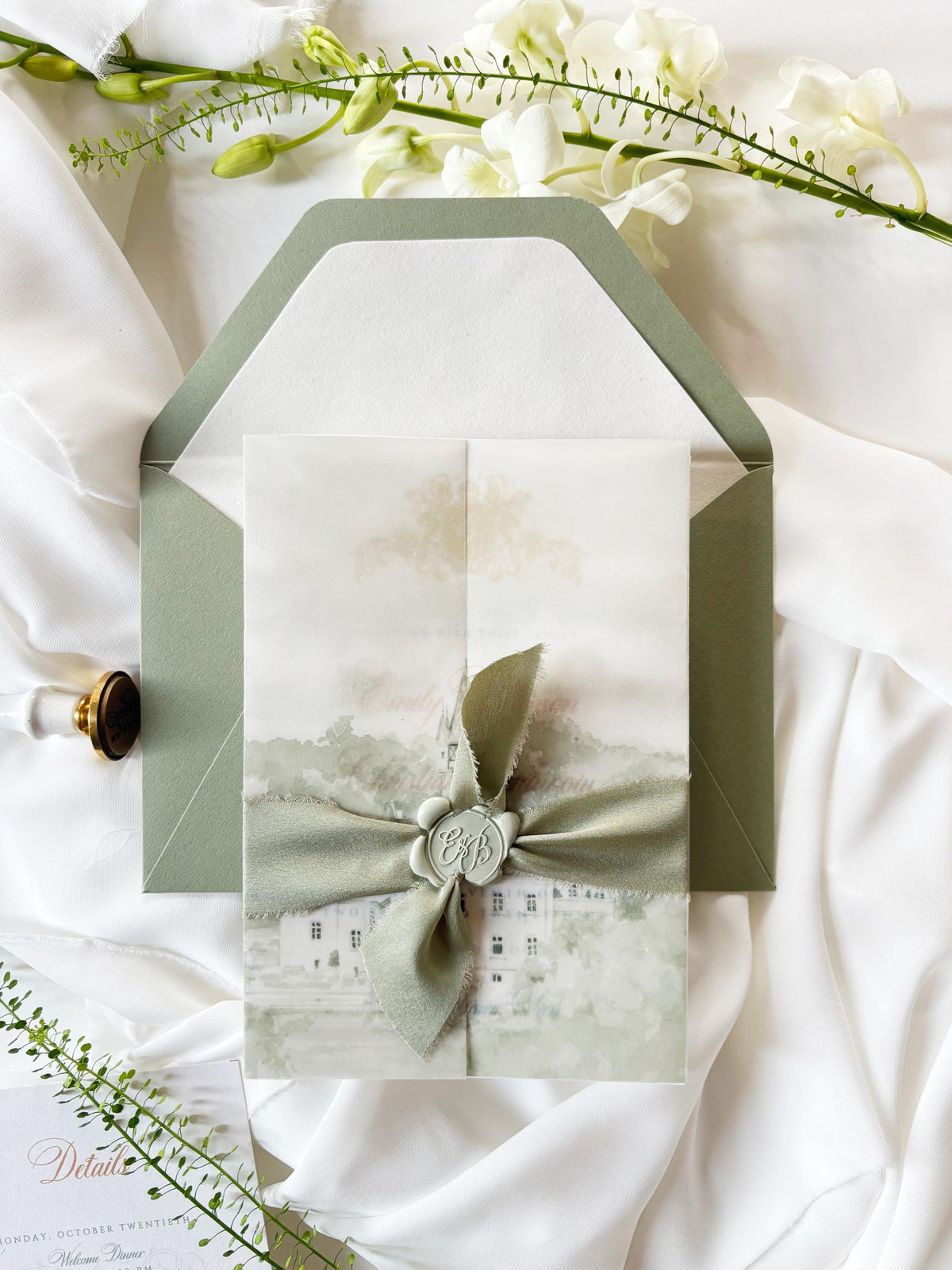 Vellum Wedding Invitation with Watercolour Venue Illustration, Wax Seal, Sage Green Ribbon & Deckled Edges