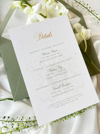 Vellum Wedding Invitation with Watercolour Venue Illustration, Wax Seal, Sage Green Ribbon & Deckled Edges
