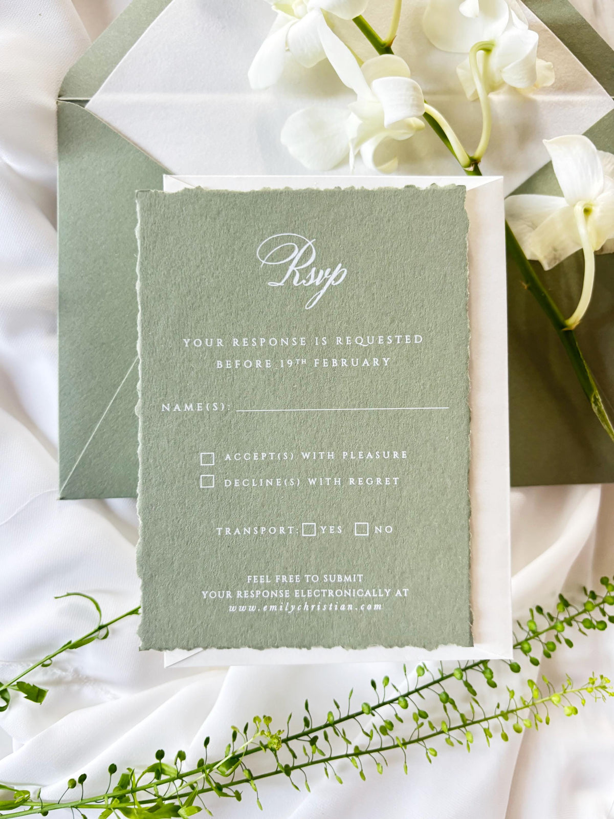 Vellum Wedding Invitation with Watercolour Venue Illustration, Wax Seal, Sage Green Ribbon & Deckled Edges