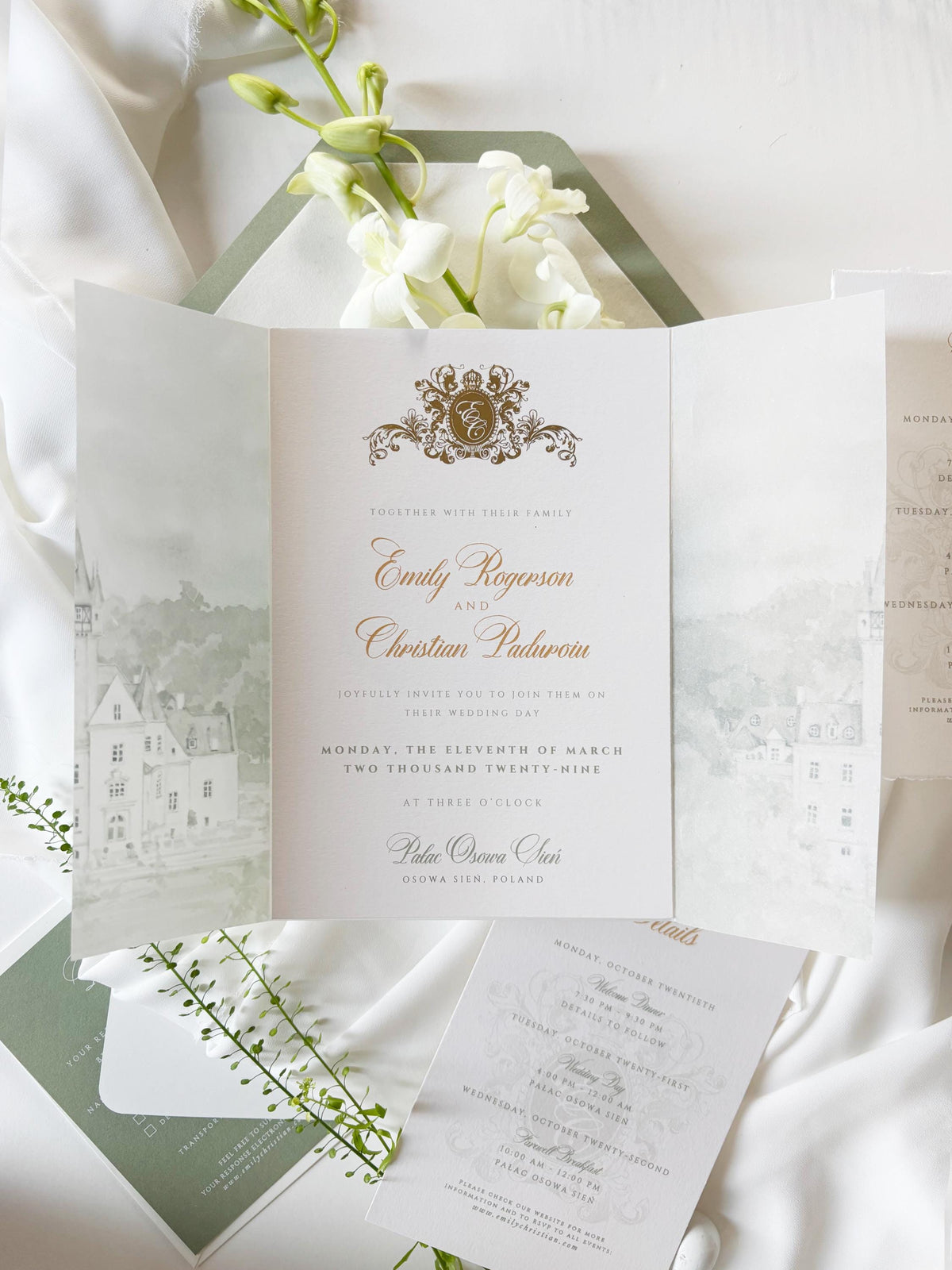 Vellum Wedding Invitation with Watercolour Venue Illustration, Wax Seal, Sage Green Ribbon & Deckled Edges