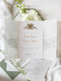 Vellum Wedding Invitation with Watercolour Venue Illustration, Wax Seal, Sage Green Ribbon & Deckled Edges