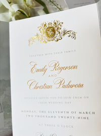 Vellum Wedding Invitation with Watercolour Venue Illustration, Wax Seal, Sage Green Ribbon & Deckled Edges