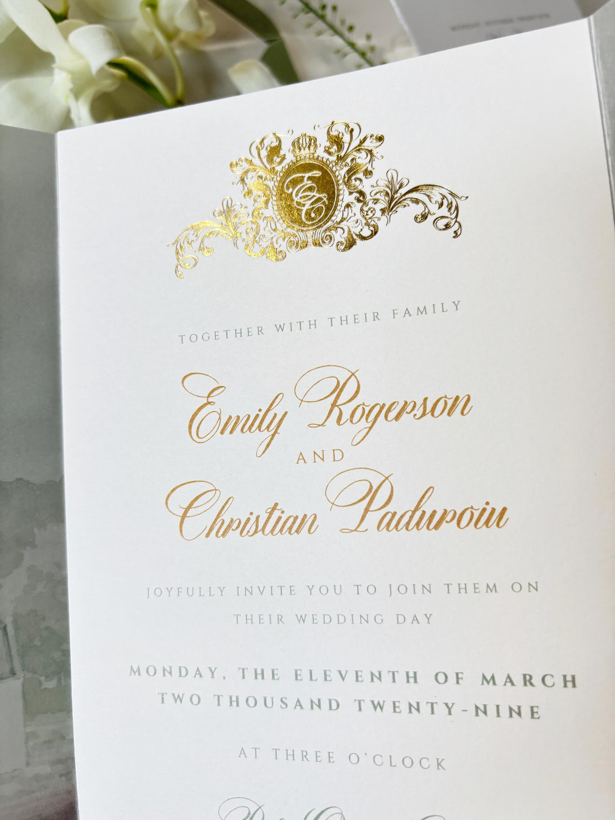 Vellum Wedding Invitation with Watercolour Venue Illustration, Wax Seal, Sage Green Ribbon & Deckled Edges