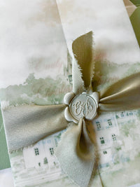 Vellum Wedding Invitation with Watercolour Venue Illustration, Wax Seal, Sage Green Ribbon & Deckled Edges