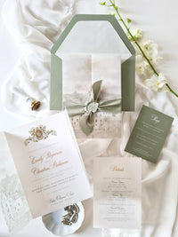 Vellum Wedding Invitation with Watercolour Venue Illustration, Wax Seal, Sage Green Ribbon & Deckled Edges