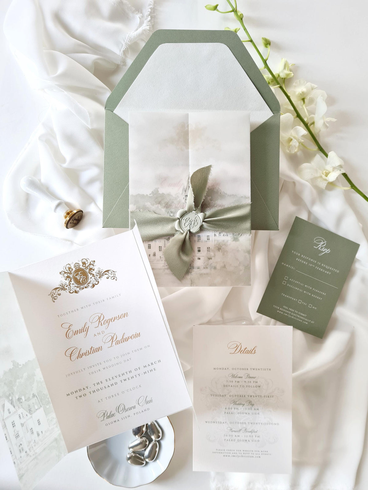 Vellum Wedding Invitation with Watercolour Venue Illustration, Wax Seal, Sage Green Ribbon & Deckled Edges