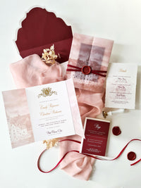 Custom Vellum Gatefold Wedding Invitation with Watercolour Venue Illustration | Wax Seal Monogram | Deckled Edge Stationery
