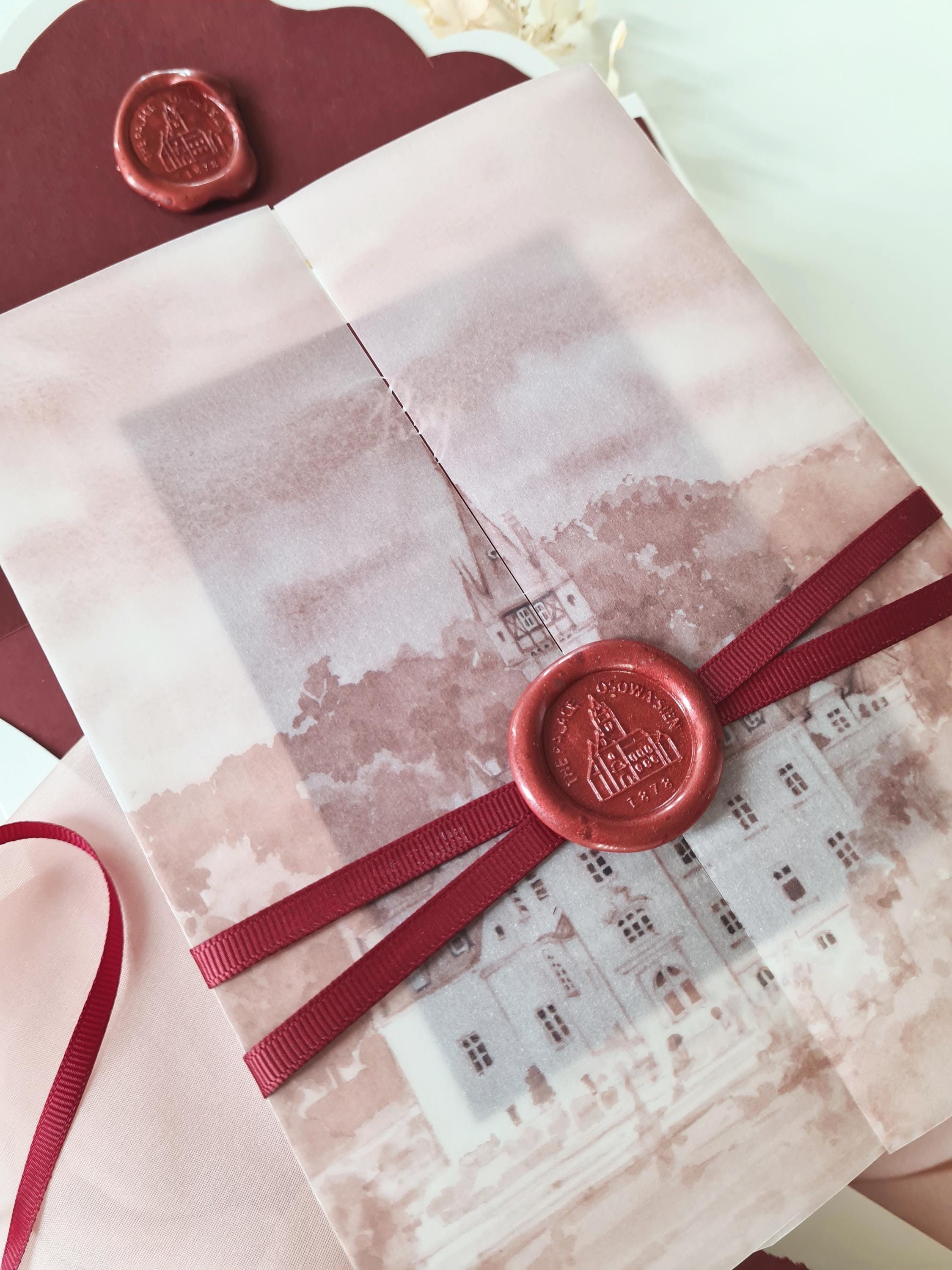 Custom Vellum Gatefold Wedding Invitation with Watercolour Venue Illustration | Wax Seal Monogram | Deckled Edge Stationery