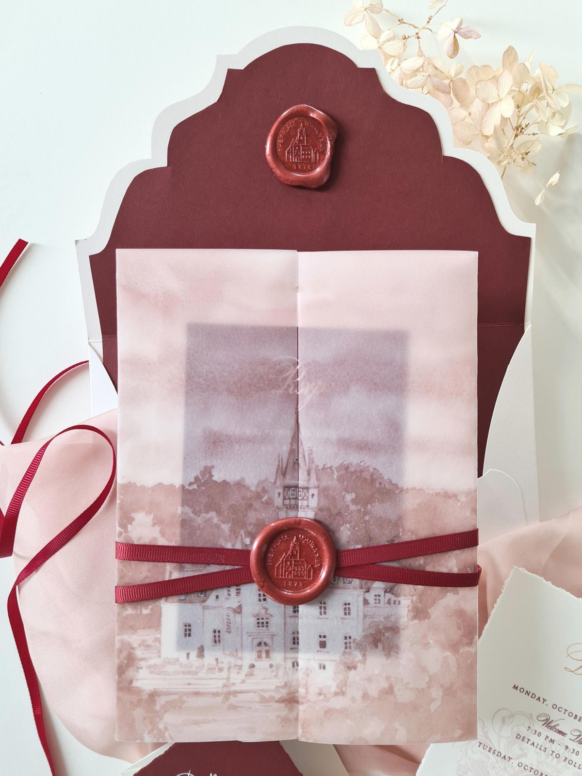 Custom Vellum Gatefold Wedding Invitation with Watercolour Venue Illustration | Wax Seal Monogram | Deckled Edge Stationery