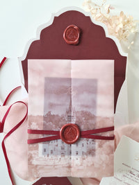 Custom Vellum Gatefold Wedding Invitation with Watercolour Venue Illustration | Wax Seal Monogram | Deckled Edge Stationery
