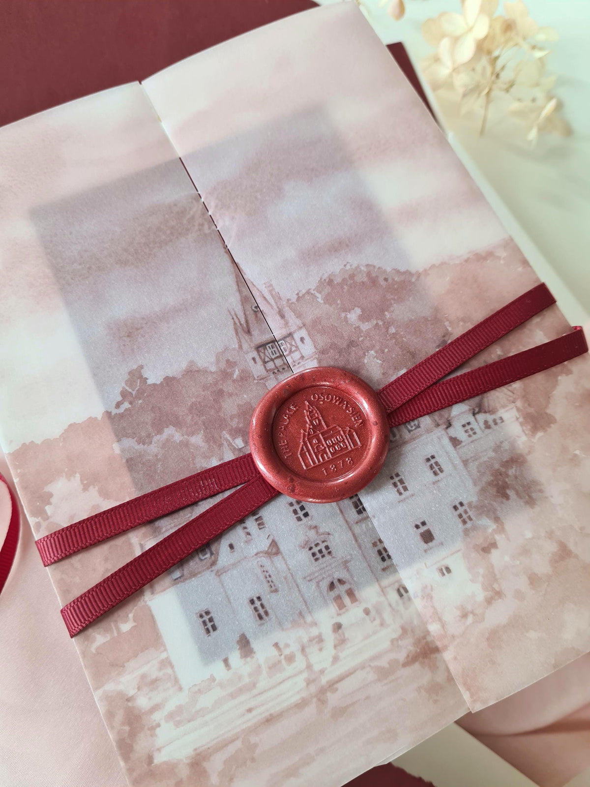 Custom Vellum Gatefold Wedding Invitation with Watercolour Venue Illustration | Wax Seal Monogram | Deckled Edge Stationery