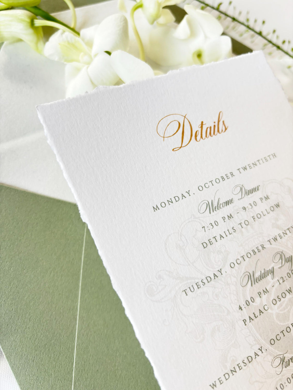Vellum Wedding Invitation with Watercolour Venue Illustration, Wax Seal, Sage Green Ribbon & Deckled Edges
