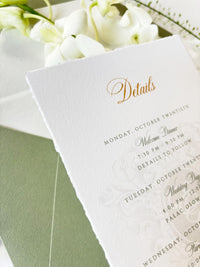 Vellum Wedding Invitation with Watercolour Venue Illustration, Wax Seal, Sage Green Ribbon & Deckled Edges