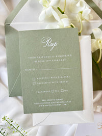 Vellum Wedding Invitation with Watercolour Venue Illustration, Wax Seal, Sage Green Ribbon & Deckled Edges
