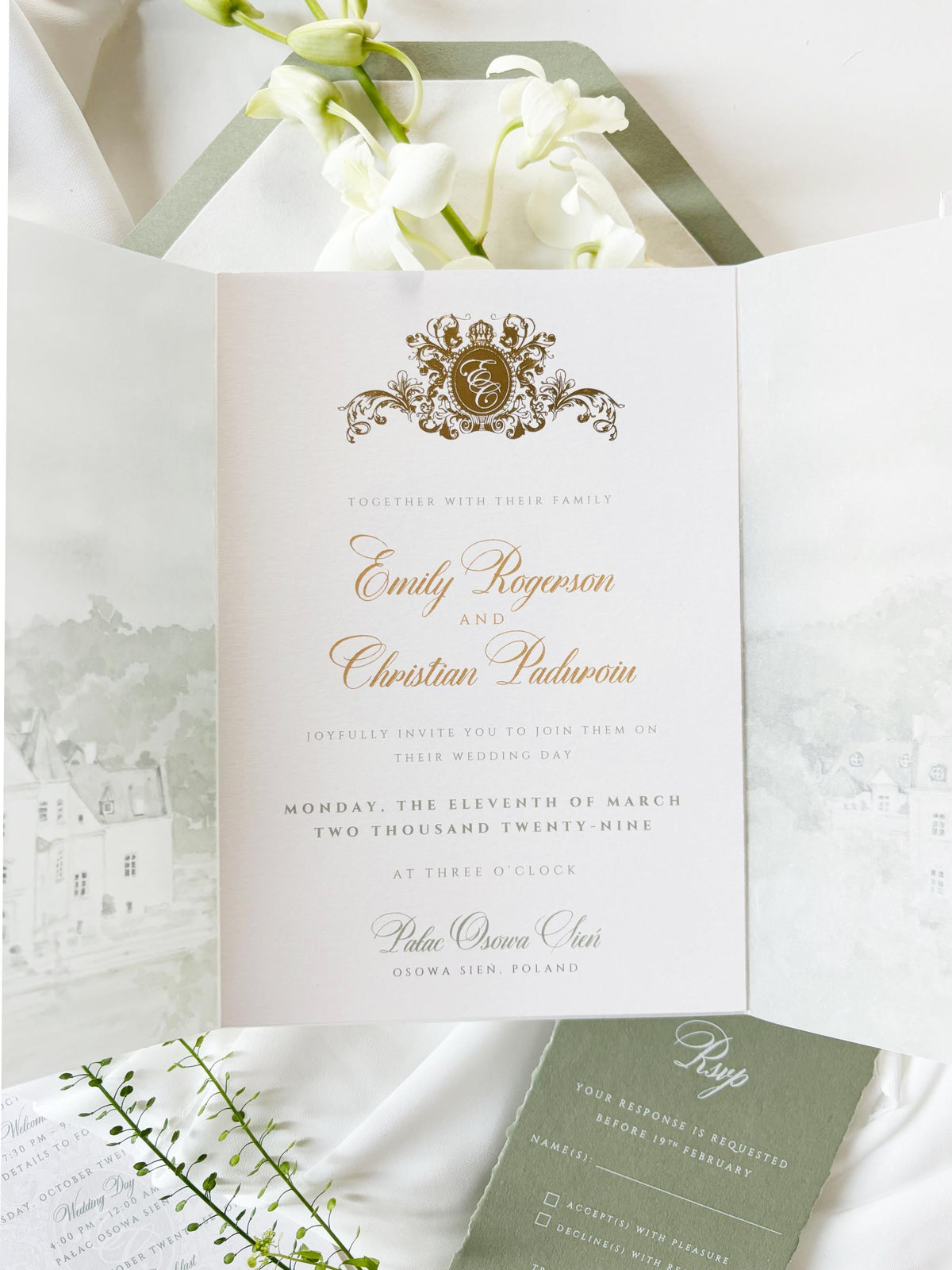 Vellum Wedding Invitation with Watercolour Venue Illustration, Wax Seal, Sage Green Ribbon & Deckled Edges