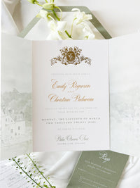 Vellum Wedding Invitation with Watercolour Venue Illustration, Wax Seal, Sage Green Ribbon & Deckled Edges