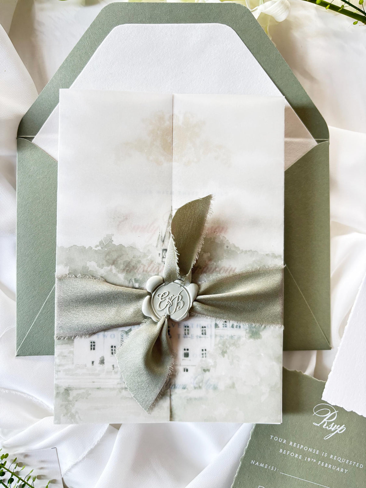 Vellum Wedding Invitation with Watercolour Venue Illustration, Wax Seal, Sage Green Ribbon & Deckled Edges