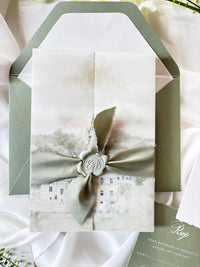 Vellum Wedding Invitation with Watercolour Venue Illustration, Wax Seal, Sage Green Ribbon & Deckled Edges