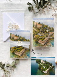 Watercolour Venue Wedding Invitation Suite, Acrylic & Vellum with Wax Seal and Dried Flowers