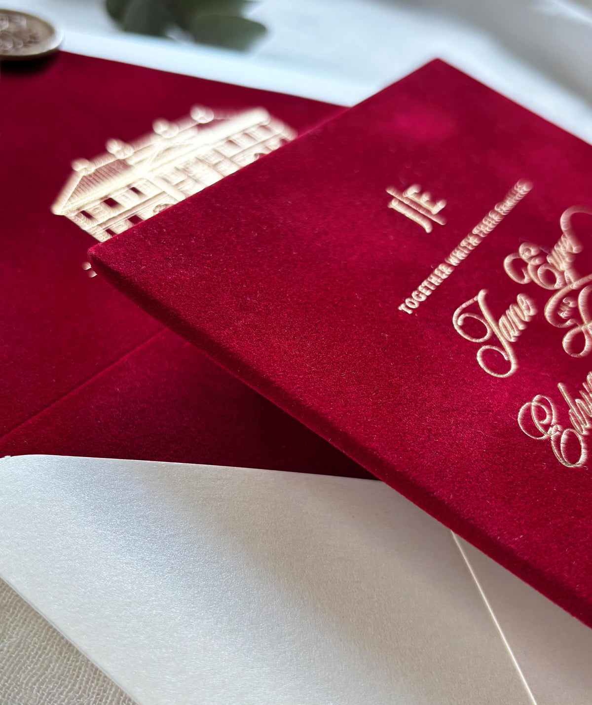 Burgundy Velvet Wedding Invitations, Gold Foil Invite, Luxury Hardcover Wedding Invitation, Rose Embossed 5x7 Suite