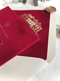 Burgundy Velvet Wedding Invitations, Gold Foil Invite, Luxury Hardcover Wedding Invitation, Rose Embossed 5x7 Suite