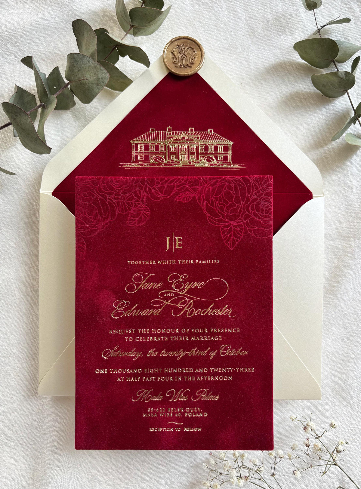 Burgundy Velvet Wedding Invitations, Gold Foil Invite, Luxury Hardcover Wedding Invitation, Rose Embossed 5x7 Suite