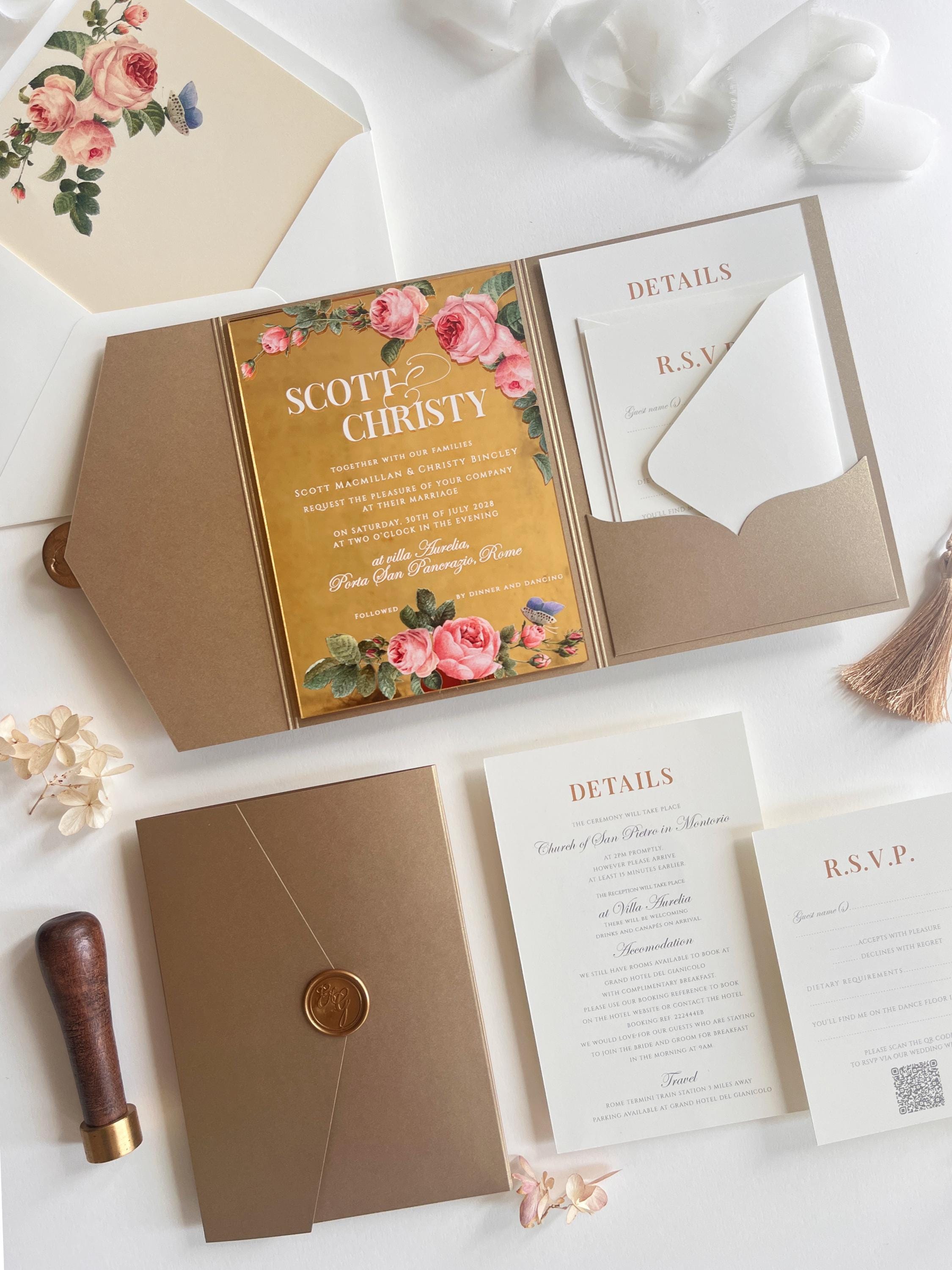 Gold Mirror Acrylic Wedding Invitation Suite - Personalised Invite, Details, RSVP, Custom Colour Tri-Fold Pocket