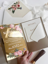 Gold Mirror Acrylic Wedding Invitation Suite - Personalised Invite, Details, RSVP, Custom Colour Tri-Fold Pocket