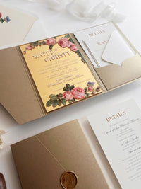 Gold Mirror Acrylic Wedding Invitation Suite - Personalised Invite, Details, RSVP, Custom Colour Tri-Fold Pocket